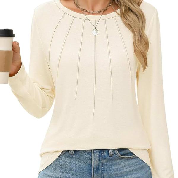 Womens Long Sleeve Shirts Pleated Tunic Tops Loose Dressy Casual Blouses Basic Trendy Fall Clothes 2024