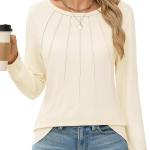 Womens Long Sleeve Shirts Pleated Tunic Tops Loose Dressy Casual Blouses Basic Trendy Fall Clothes 2024