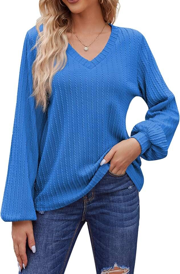 HOTOUCH Women's Long Sleeve Tops V Neck Lantern Sleeve Blouse Dressy Casual Ribbed Knit Tunics Loose Fit Fall Shirts 2023