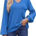 HOTOUCH Women's Long Sleeve Tops V Neck Lantern Sleeve Blouse Dressy Casual Ribbed Knit Tunics Loose Fit Fall Shirts 2023