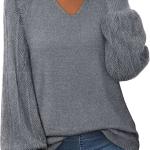 Messic Womens Pullover Sweaters 2024 Casual Long Sleeve V Neck Loose Knit Tops