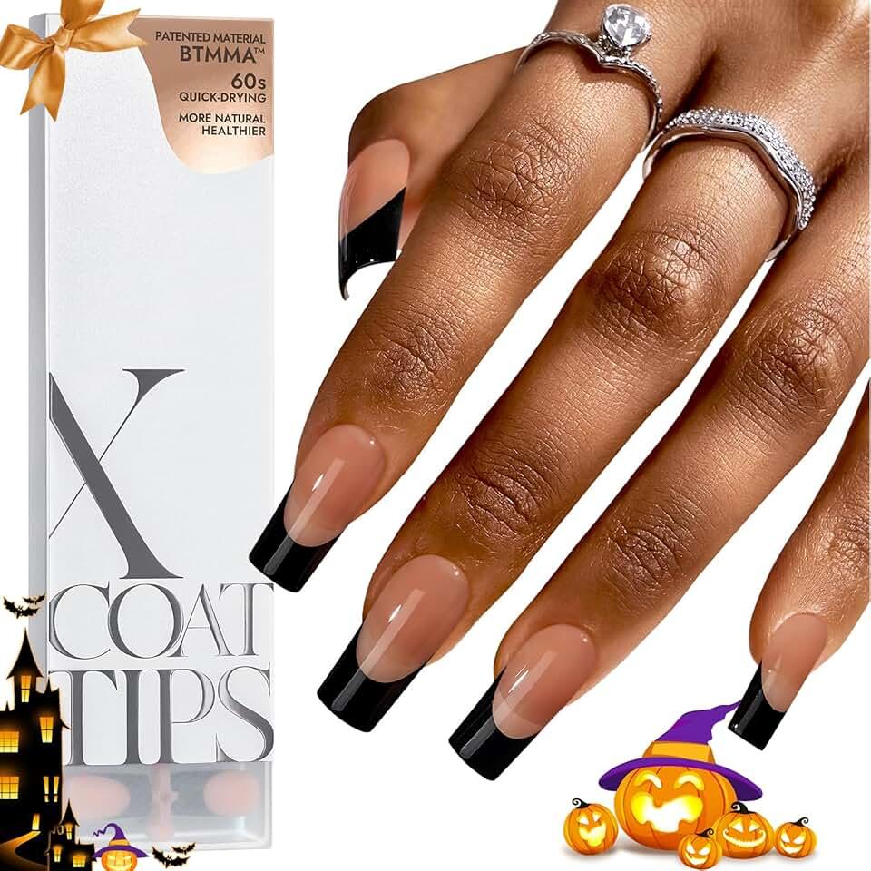 btartboxnails XCOATTIPS French Tip Nails - Long Press on Nails, Square Nail Tips Black, Halloween