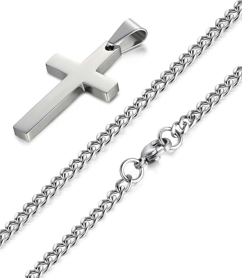 FIBO STEEL Stainless Steel Cross Pendant Chain Necklace for Men Women, 22-30 Inches