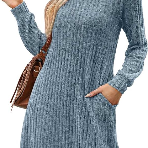 SAMPEEL Womens V Neck Fall Dresses Long Sleeve Casual Sweater Short Dress Fashion Clothes