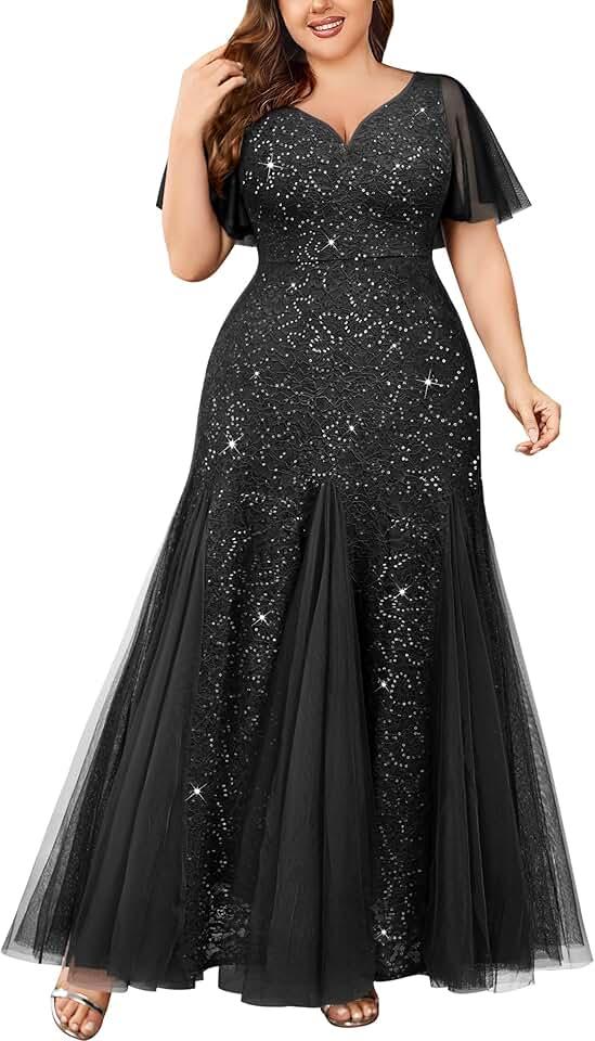 Women's Plus Size Sequins Lace Tulle Mermaid Hemline Sweetheart V Neck Formal Evening Party Maxi Dress