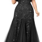 Women's Plus Size Sequins Lace Tulle Mermaid Hemline Sweetheart V Neck Formal Evening Party Maxi Dress