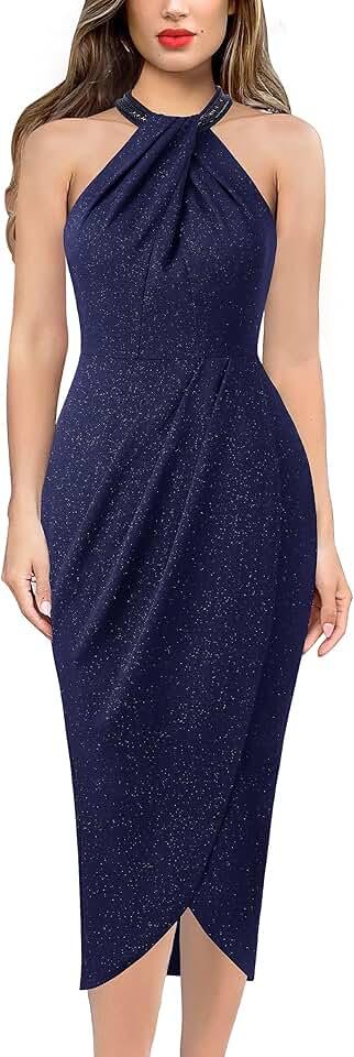 Womens Beaded Halter Neck Twist Front Ruched Wrap Slit Glitter Cocktail Party Night Out Bodycon Midi Dress