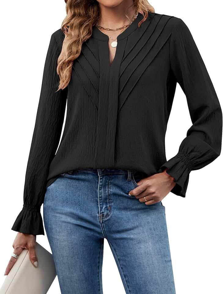 BMJL Women's Blouses Dressy Casual Pleated V Neck Work Tops Long Sleeve Shirts