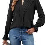 BMJL Women's Blouses Dressy Casual Pleated V Neck Work Tops Long Sleeve Shirts