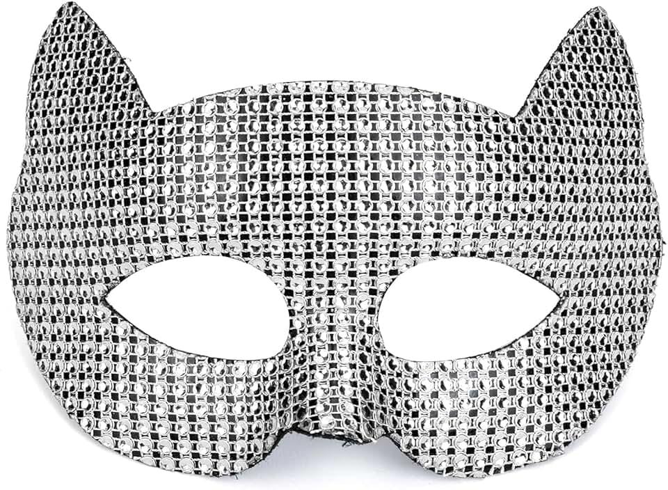 Women's Rhinestone Sparkling Half Cat Masquerade Mask, Silver, Halloween Costume Party Accessory