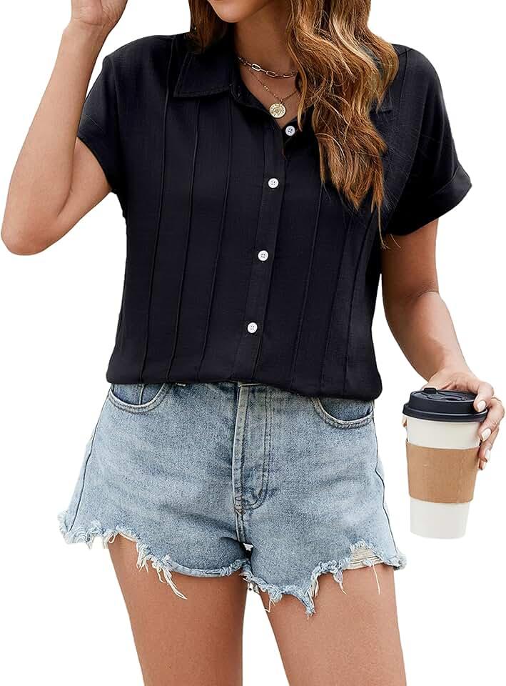 Blooming Jelly Women's Linen Button Down Shirts Business Dressy Casual Tops Short Sleeve Pleated Blouses 2024 Summer Outfits