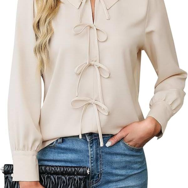 Blooming Jelly Women's Dressy Casual Blouses Business Work Tops Tie Front Long Sleeve Shirts 2024 Fall Outfits