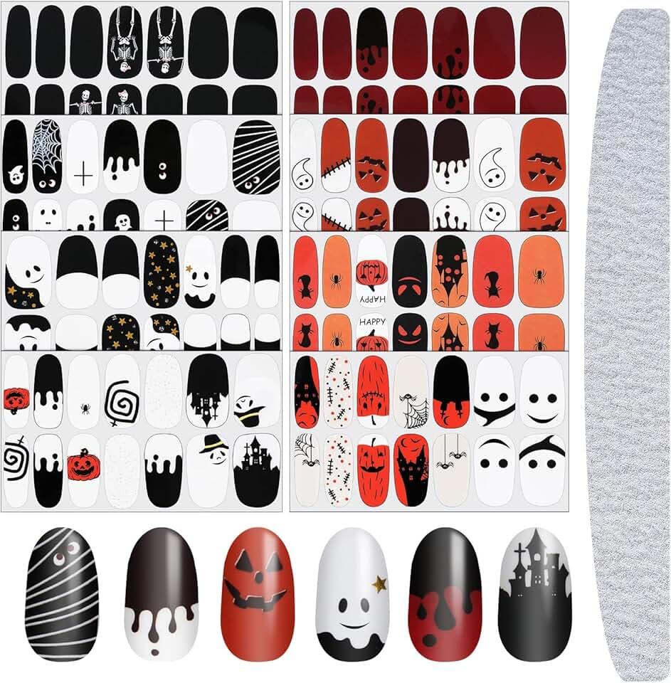 8 Sheets Halloween Nail Stickers Halloween Nail Wraps Self-Adhesive Decals Polish Sticker Strips