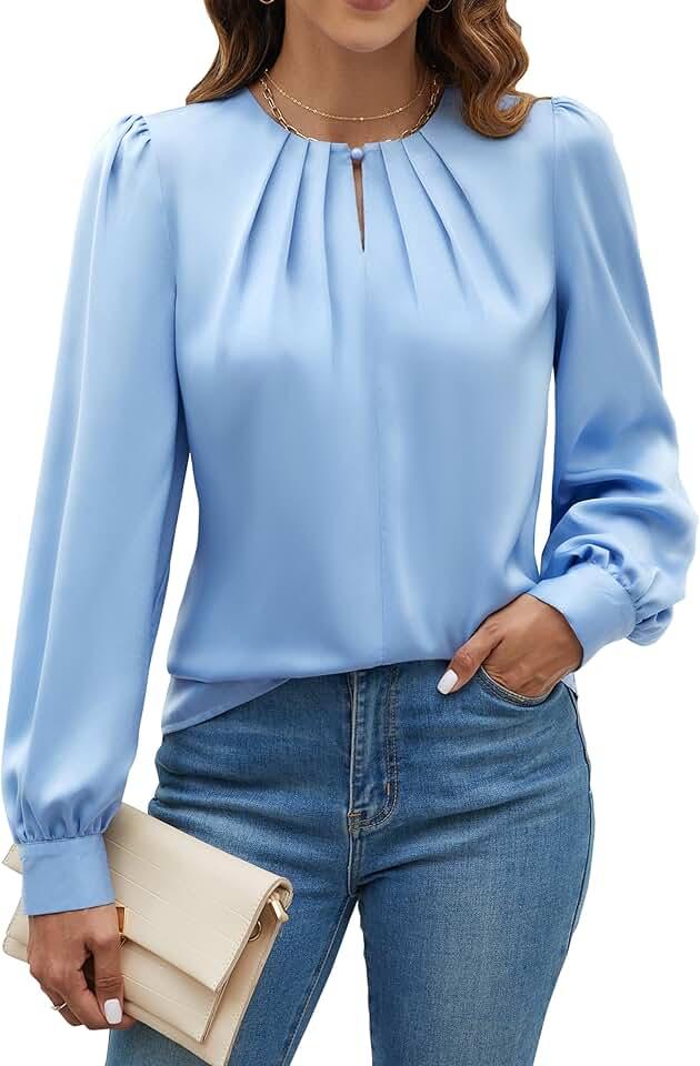 Blooming Jelly Womens Dressy Casual Blouses Satin Long Sleeve Shirts Pleated Business Tops Trendy Fall Outfits