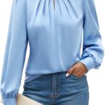 Blooming Jelly Womens Dressy Casual Blouses Satin Long Sleeve Shirts Pleated Business Tops Trendy Fall Outfits