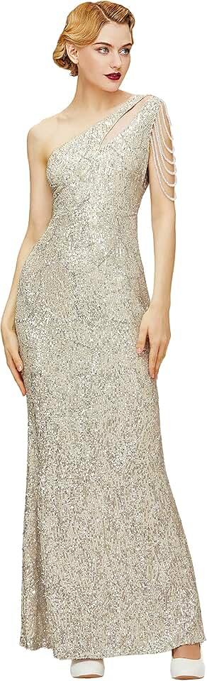 Women's Sequin Prom Dress - One Shoulder Maxi Dress Gowns and Evening Dresses for Party Wedding Guest Silver