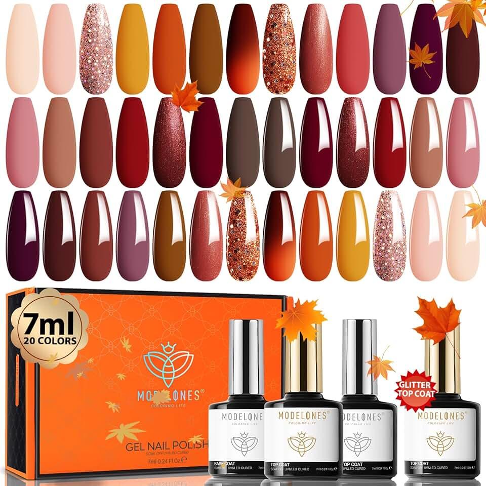 Modelones 20 Colors Gel Nail Polish Kit, Fall Pink Brown Nude Orange Gel Polish Set with Glitter,