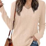 Saloogoe Womens Long Sleeve Tops V Neck Shirts Lightweight Tunic Sweaters Fashion 2024