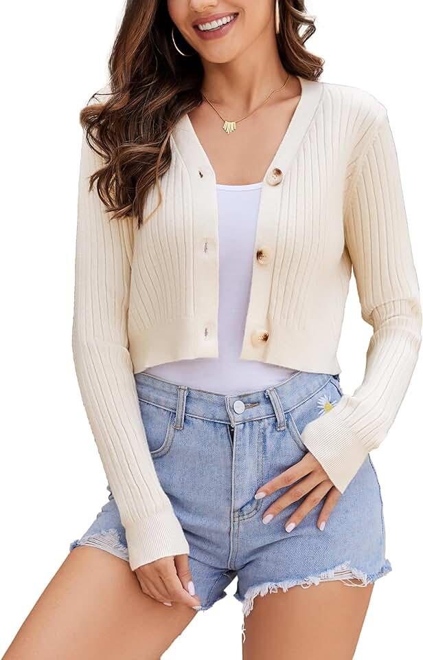 Women's Long Sleeve Cropped Cardigan V Neck Solid Button Down Knit Bolero Shrugs