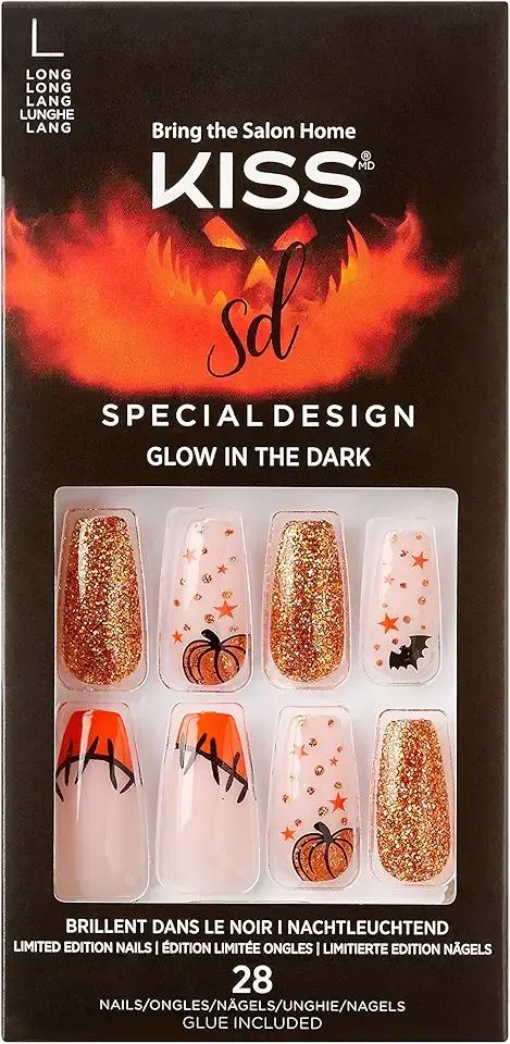 KISS Special Design Halloween Fake Nails, Glow-In-The-Dark, Style ‘Wicked’, with Pink Gel Nail