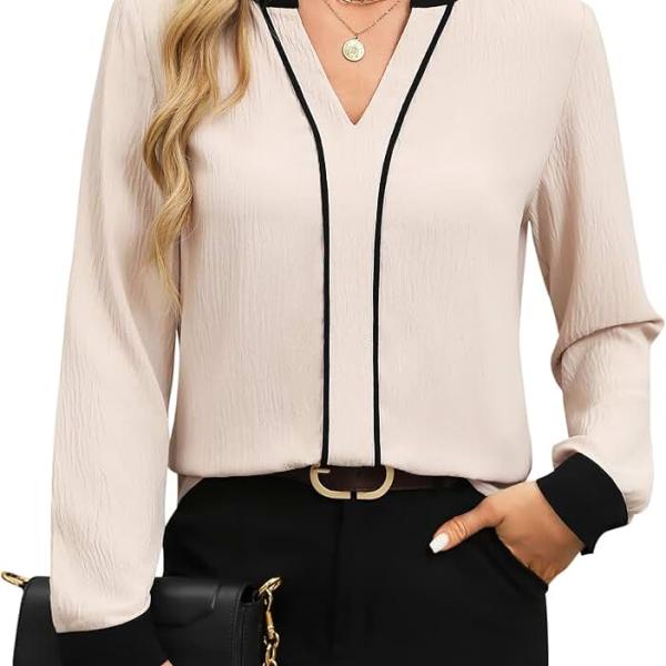 Fayenne Womens Tops Dressy Casual V Neck Color Block Business Casual Blouses Long Sleeve Work Shirts Fall Trendy Clothes