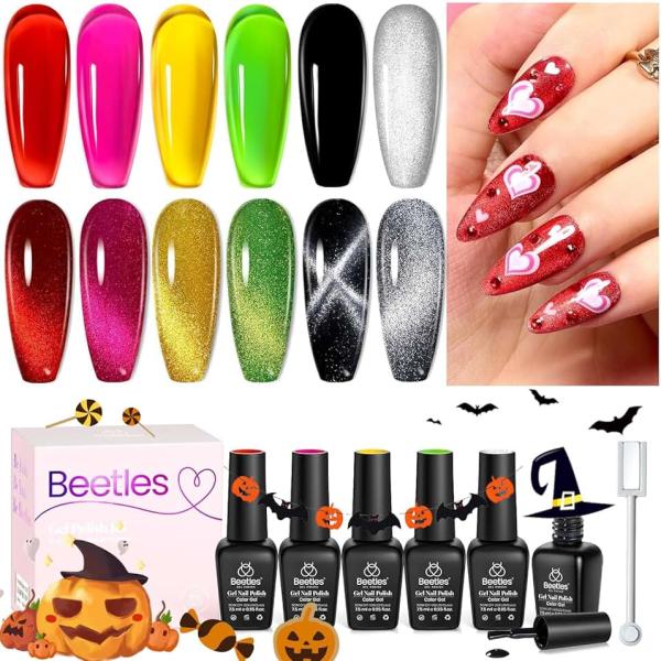 beetles Cat Eye Gel Nail Polish 6 Colors Holographic Glitter Gel Polish Set with Magnet Translucent