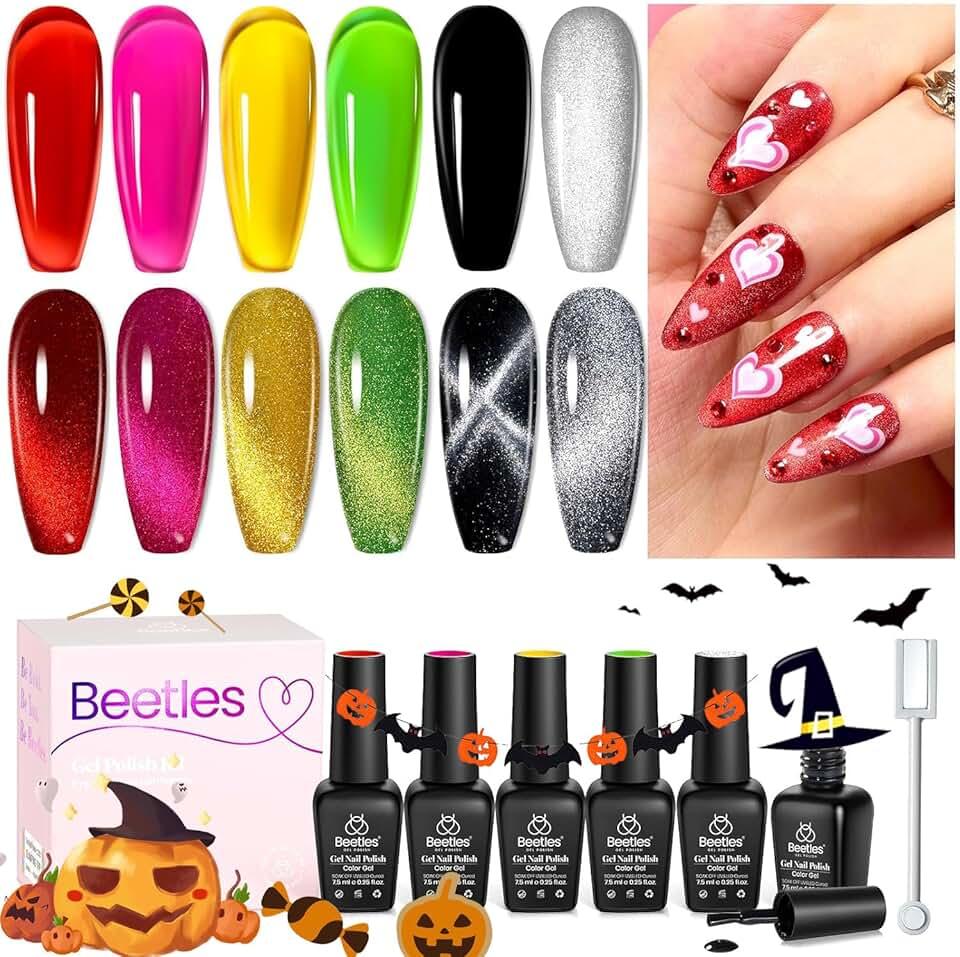 beetles Cat Eye Gel Nail Polish 6 Colors Holographic Glitter Gel Polish Set with Magnet Translucent