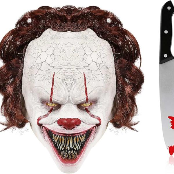 Scary Clown Mask for Adult Penny Mask with Wise Plastic Knife Costume for Halloween Scary Clown