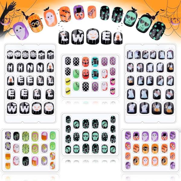 128 Pcs Halloween Press on Nails for Kids, Kalolary Halloween Children Acrylic Fake Nails Pre-glue