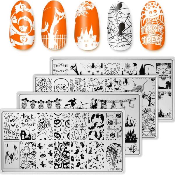 Whaline 4 Pieces Halloween Nail Art Plates Image Stamp Templates Stamping Kit DIY Print Manicure