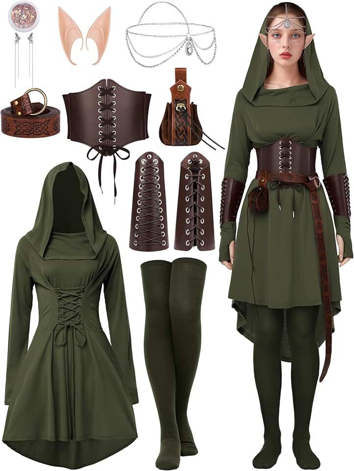 Women Renaissance Fairy Costumes Medieval Hooded Robe Lace Up Dress Accessories Traditional Set for