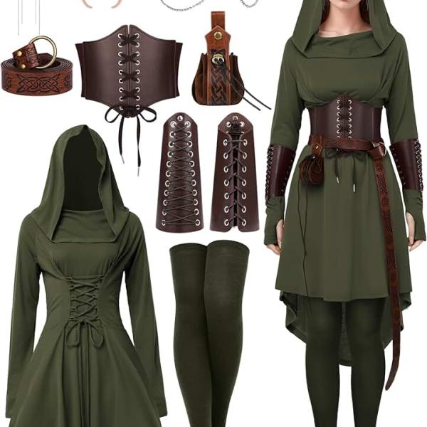 Women Renaissance Fairy Costumes Medieval Hooded Robe Lace Up Dress Accessories Traditional Set for