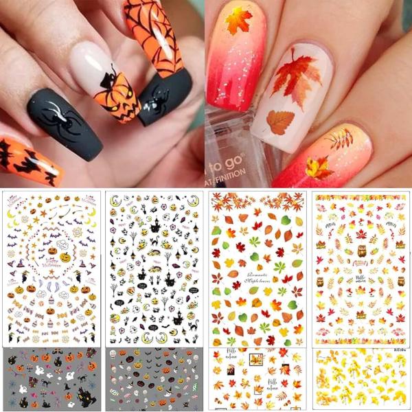 TailaiMei 16 Sheets Holiday Nail Stickers, Halloween & Thanksgiving Day Fall 3D Self-Adhesive