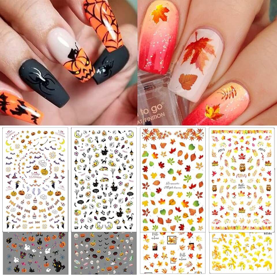 TailaiMei 16 Sheets Holiday Nail Stickers, Halloween & Thanksgiving Day Fall 3D Self-Adhesive