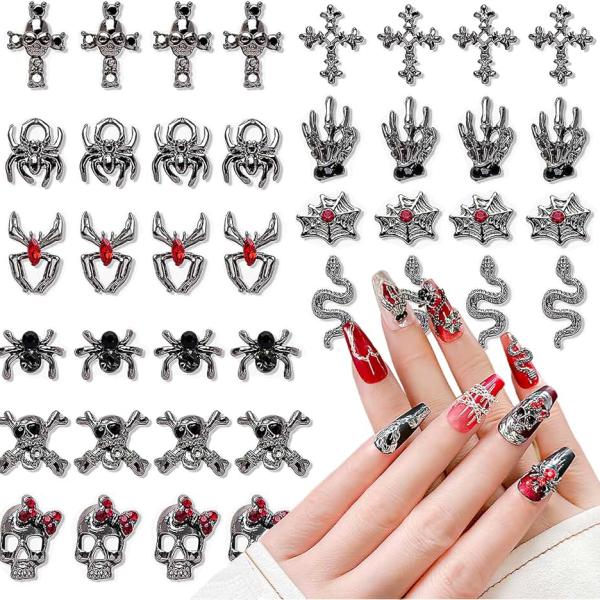 CHANGAR 40 Pcs 3D Halloween Nail Art Charms Vintage Punk Alloy Nail Charms Skull Ghost Bat Spider