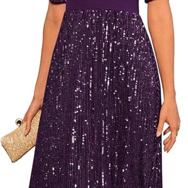 Women's Sequin V Neck Ruffle Sleeve Empire Waist Sparkly Glitter A Line Cocktail Formal Dresses