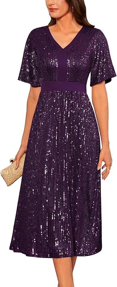 Women's Sequin V Neck Ruffle Sleeve Empire Waist Sparkly Glitter A Line Cocktail Formal Dresses