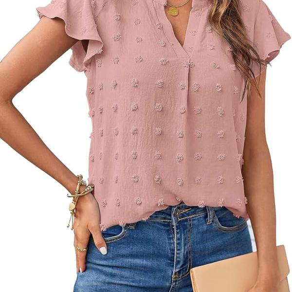 MEROKEETY Women 2024 Summer V Neck Ruffle Short Sleeve Blouse Swiss Dot Flowy Shirt Tunic Top