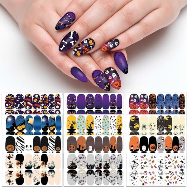 TailaiMei 12 Sheets Halloween Nail Wraps Stickers Nail Polish Strips Self-Adhesive Full Wraps with