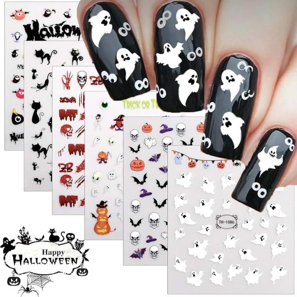 12 Sheets Halloween Nail Art Stickers Decals Glow in The Dark, Cute Spider Web Pumpkin Ghost Skull