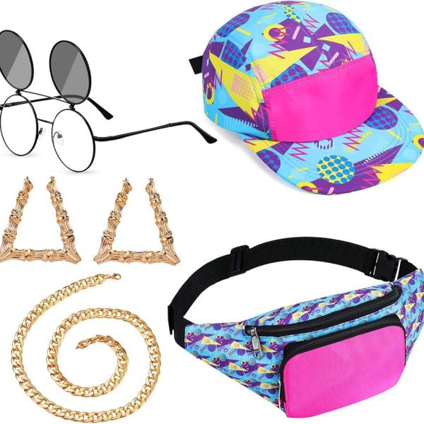 5 Pcs 90s Hip Hop Accessories for Women Men 80s 90s Outfit Neon Fanny Pack Hat Sunglasses Gold