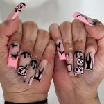 24Pcs Halloween Press on Nails Long Square French Tip Fake Nails with Cute Pumpkin Bat Design