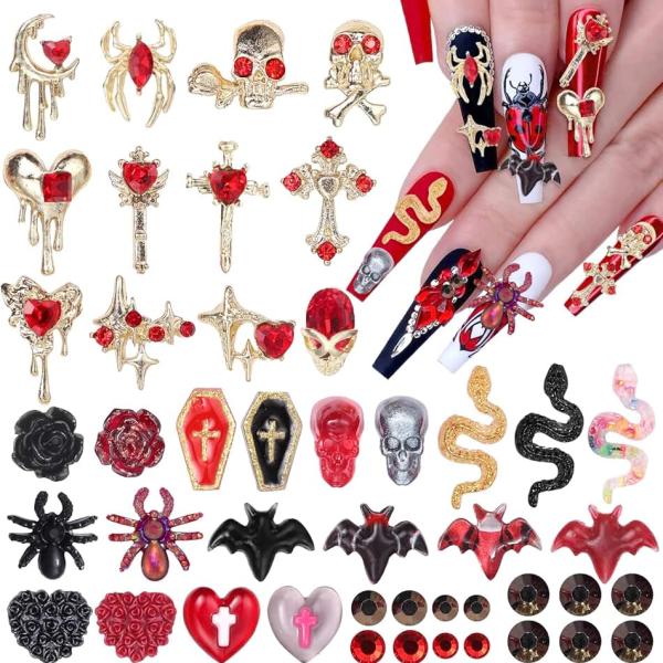 124 PCS 3D Halloween Nail Art Charms, 12Styles Gold Spider Skull Cross Nail Gems Rhinestones