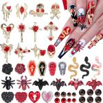 124 PCS 3D Halloween Nail Art Charms, 12Styles Gold Spider Skull Cross Nail Gems Rhinestones