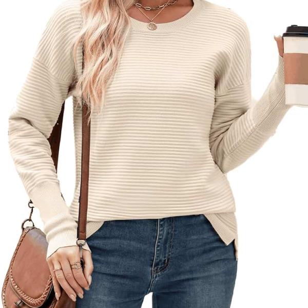 Zeagoo Women's 2024 Fall Sweaters Casual Long Sleeve Crew Neck Ribbed Knit Side Slit Pullover Sweater