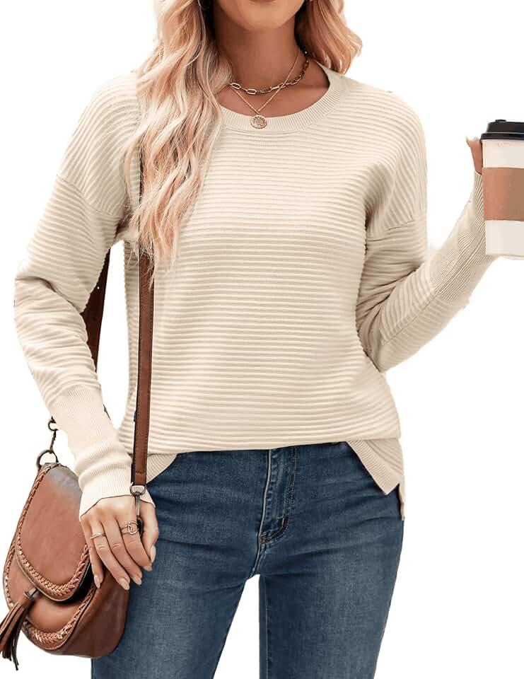 Zeagoo Women's 2024 Fall Sweaters Casual Long Sleeve Crew Neck Ribbed Knit Side Slit Pullover Sweater