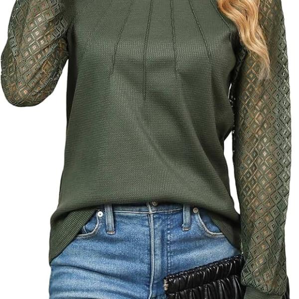 Blooming Jelly Women's Waffle Knit Tops Dressy Business Casual Blouses Lace Long Sleeve Work Shirts Fall Clothes