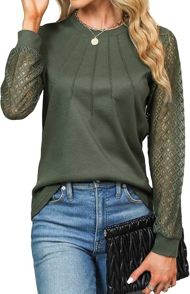 Blooming Jelly Women's Waffle Knit Tops Dressy Business Casual Blouses Lace Long Sleeve Work Shirts Fall Clothes