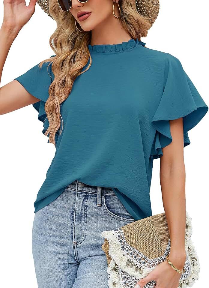 Aifer Womens Summer Ruffle Short Sleeve Dressy Casual Blouses Mock Neck Tops Elegant Work Shirts