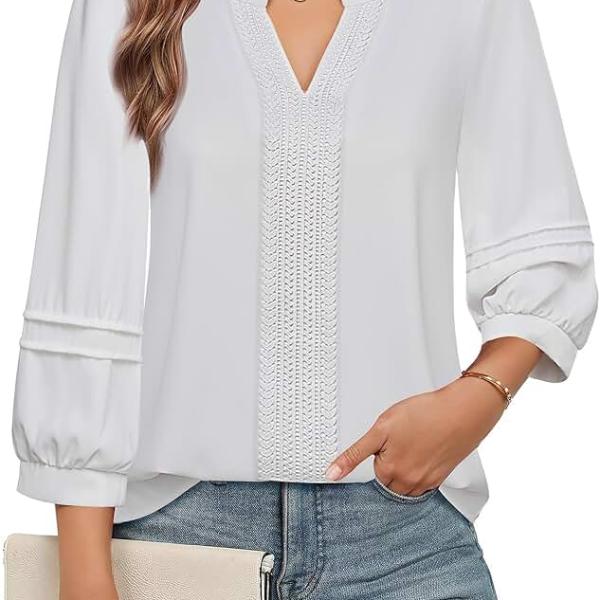 Unixseque Womens Casual Blouses 3/4 Sleeve V Neck Business Tops Ladies Trendy Office Work Shirts